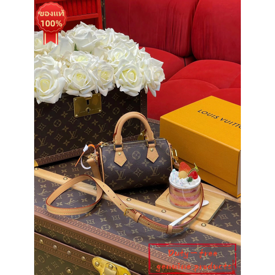 Louis Vuitton Nano Speedy กระเป๋าถือผู้หญิง ผ้าใบ Monogram สีดำ/สีน้ำตาลแดง รหัส M81085