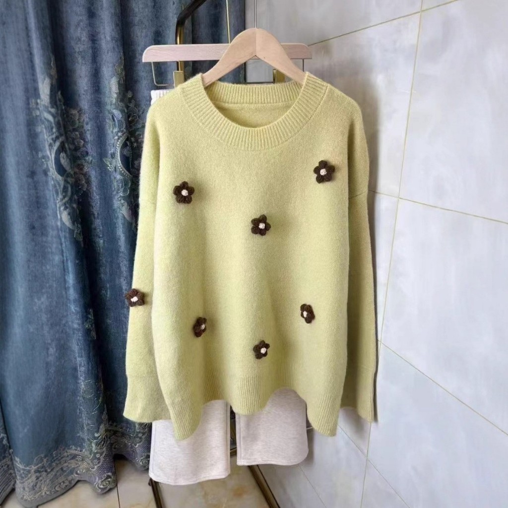 เสื้อกันหนาวผู้หญิง ไหมพรมแขนยาว ปักดอกไม้ น่ารักสไตล์เกาหลี