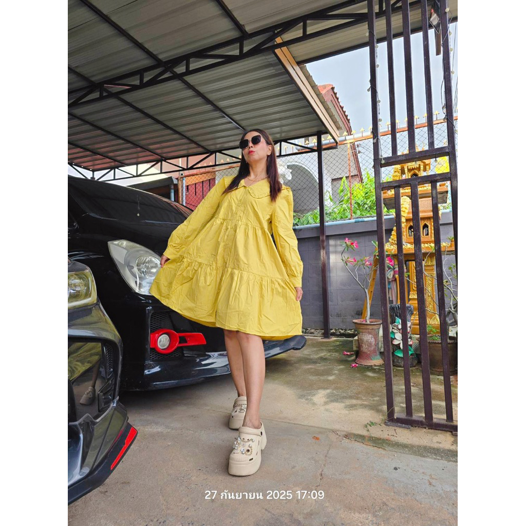 เดรสทรงปล่อยคอปกผ้าเกรดดีพรีเมี่ยมหนาไม่บาง🍒สไตล์สาวเกาหลี🍇มือหนึ่งมีอะไหล่กระดุม1เม็ด🍇งานป้ายSEM/Rน