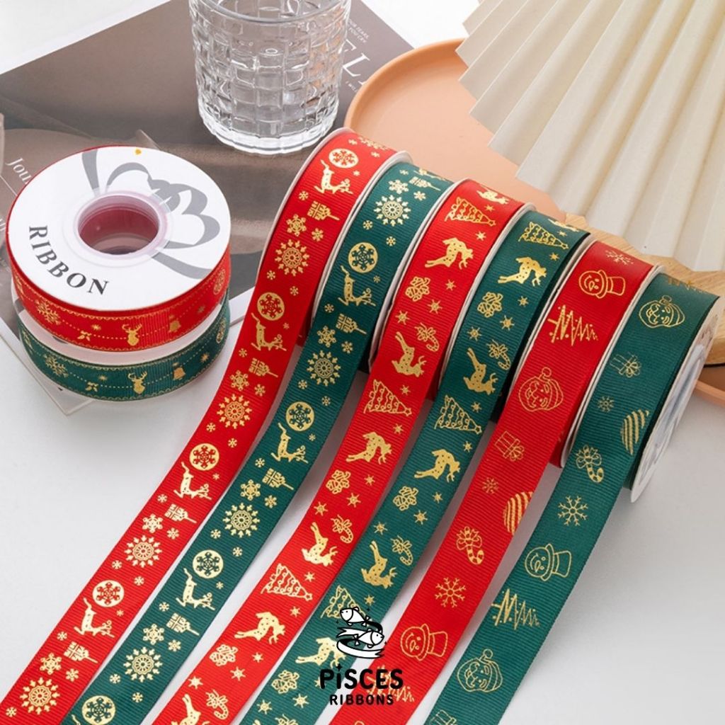 1 ม้วน【25 หลา】* ริบบิ้นกรอสเกรน/ซาติน 2.5 ซม. Merry & Bright ริบบิ้นคริสต์มาส – แดง & เขียว [RBR-0098]