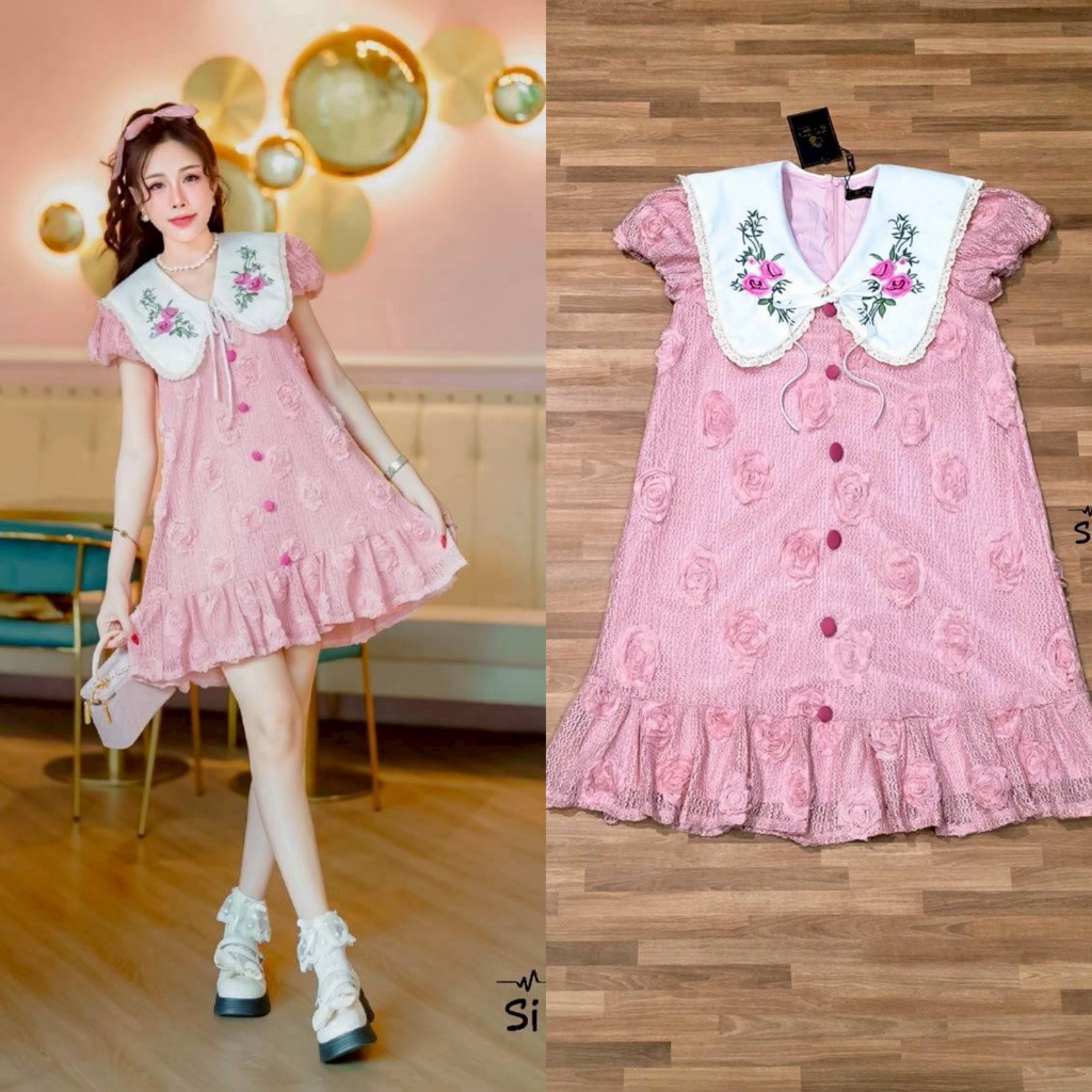 (อกใหญ่ 2 นิ้วxl,4xl) เดรสสั้น สีชมพู ปักดอก 3d น่ารักมากๆ งานป้าย si-am