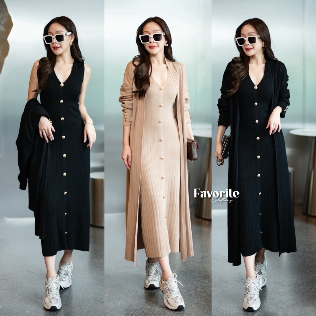 Knit Rib Fabric Bodycon Sleeveless Maxi Dress& Knit Overcoat Long Sleeve Set