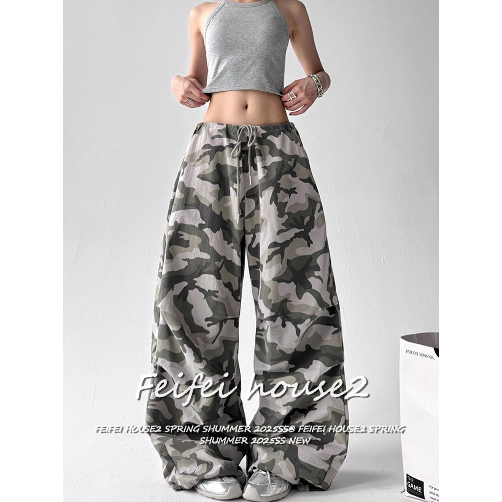 [Casual loose-fitting camouflage pants]กางเกงขากว้างเชือกผูกลายพรางสไตล์อเมริกันสำหรับฤดูร้อน