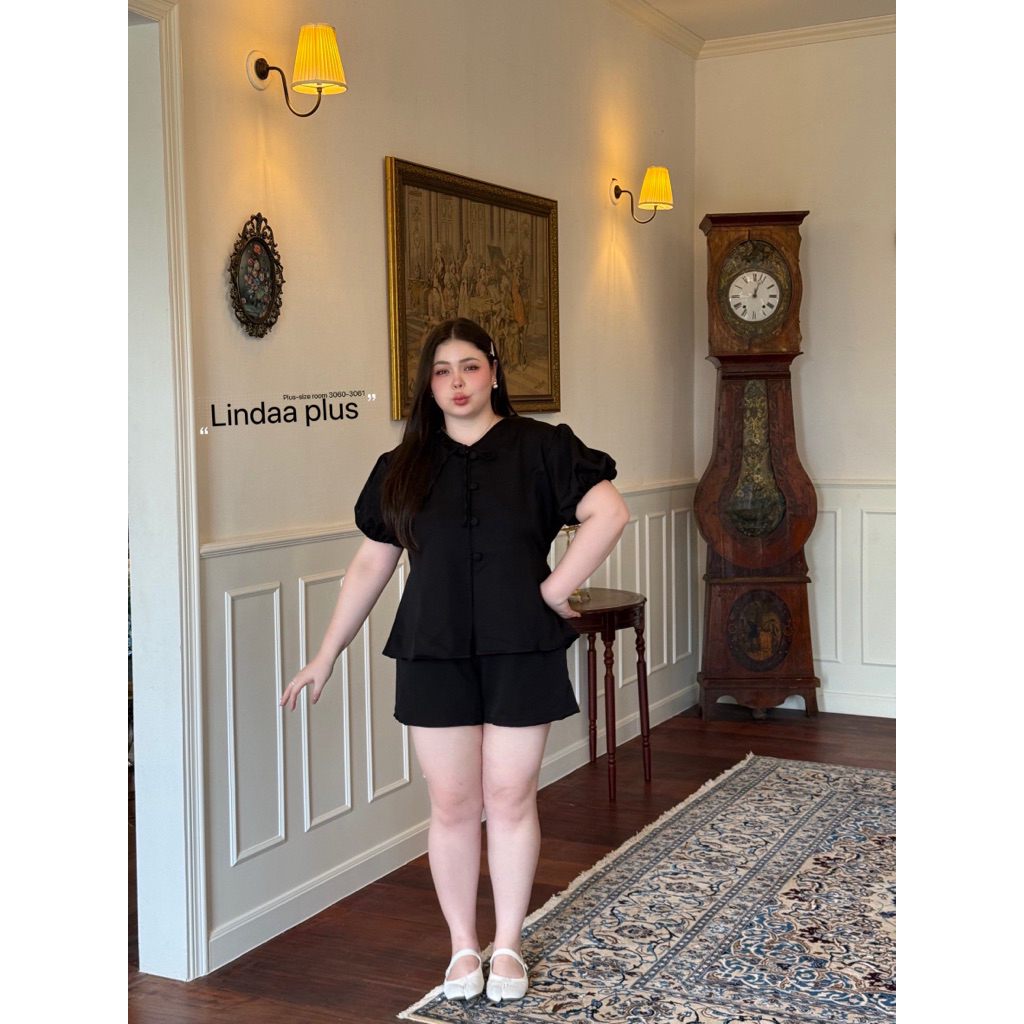 /LD/ ชุดเซ็ต2ชิ้น สาวอวบ มีไซส์อก40-52 เสื้อแขนตุ๊กตากระดุมปั๊ม+กางเกงขาสั้นยางยืดหลัง ใส่เที่ยว ทำงาน #พลัสไซส์ - รูปที่ 3