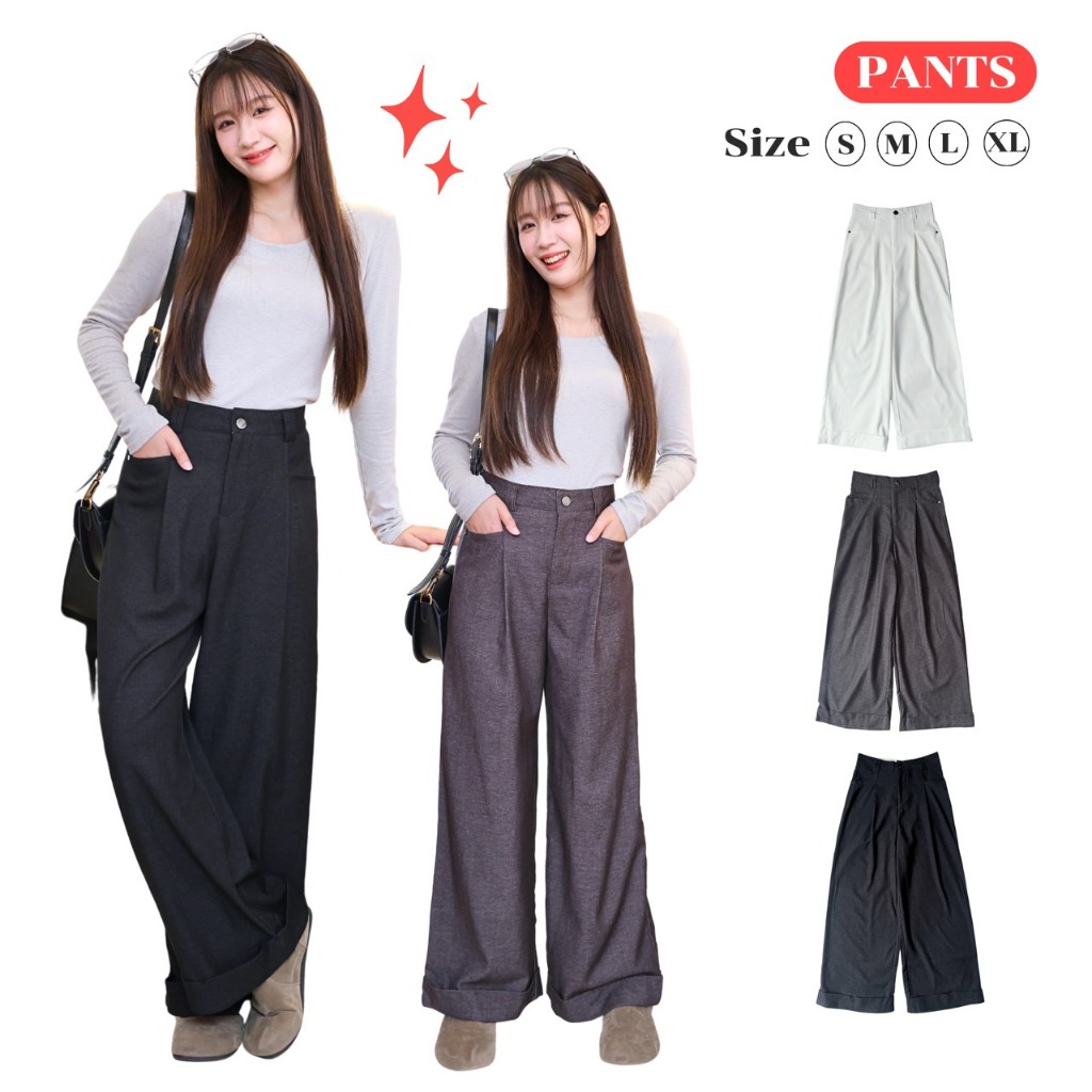 JARINYA (S-XL) กางเกงขายาวเอวสูงจีบหน้า ปลายขาพับ ผ้าหนาอย่างดี (P17)