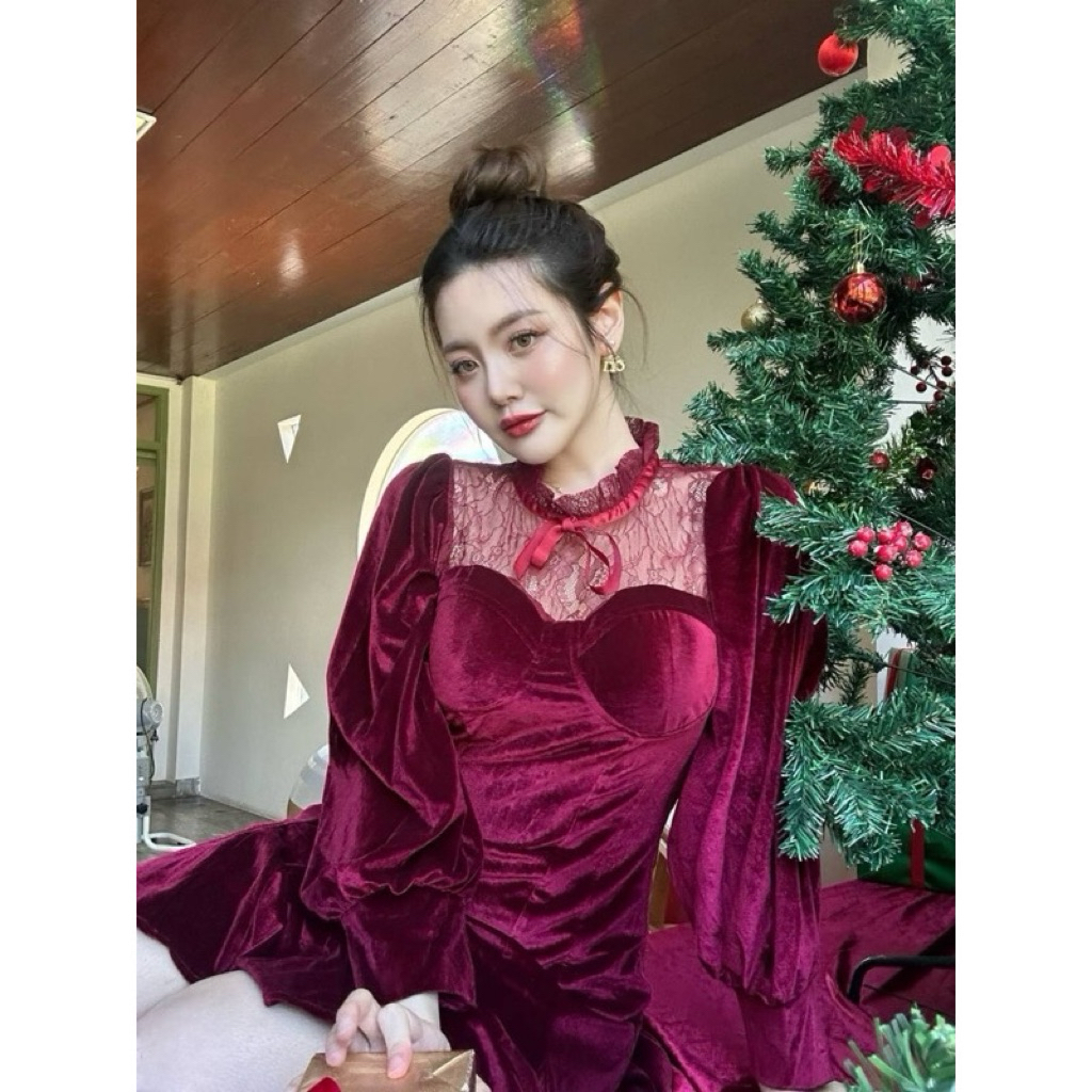 ส่งต่อเดรสไวน์แดงกำมะหยี่คริสต์มาสLalamer