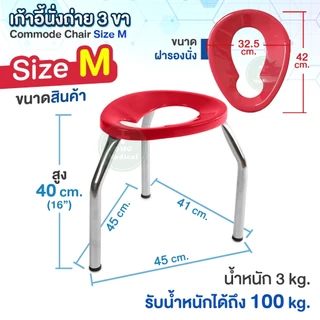 เก้าอี้นั่งถ่าย 3 ขา Commode Chair ไซส์ M สีแดง สูง 40 ซม. เก้าอี้สุขภัณฑ์ ครอบโถส้วม สุขาคนป่วย เก้าอี้ครอบโถส้วม