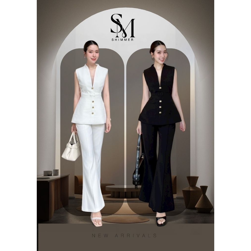 Shimmer พร้อมส่ง สีขาว ●ชุดเซ็ตเสื้อคอวีแขนกุด+มาพร้อมกางเกงขายาว