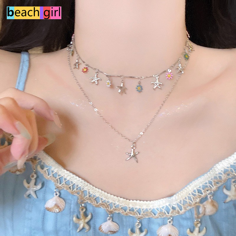 🌈beachgirl🌈สไตล์เกาหลี สร้อยคอ สร้อยคอแฟชั่น การออกแบบสองชั้น จี้ดอกไม้และ สองสีทองและเงิน มีสไตล์และเรียบง่าย ส่งจากไทย
