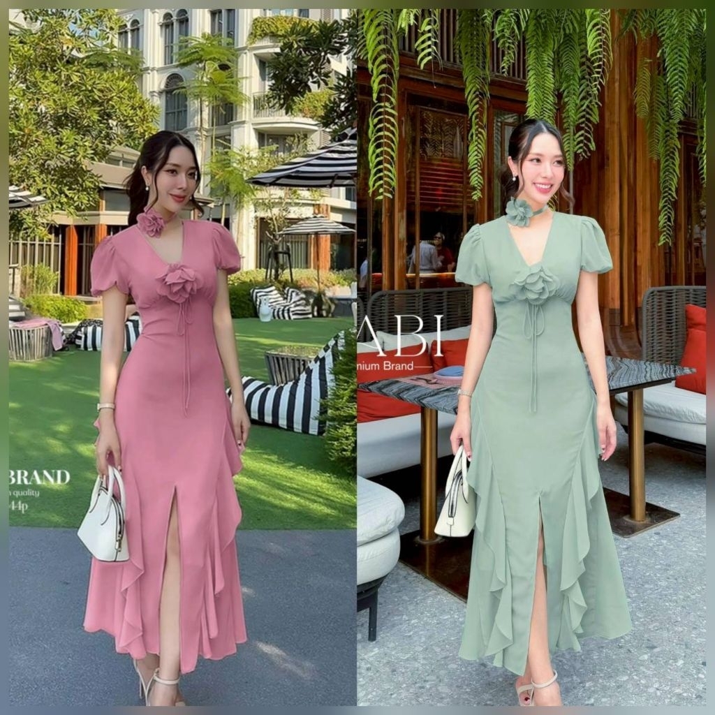 NABI Wedding-Dress ผ้าชีฟองแขนสั้น ทรงคอV ดีเทลช่วงอกแต่งเป็นสายผูกโบว์ติดดอกไม้เข็มกลัด