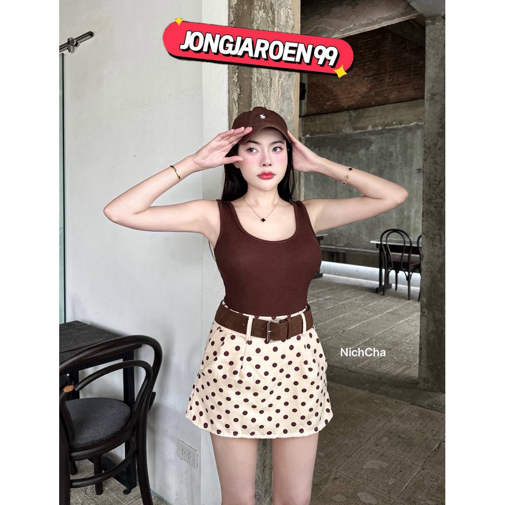 #ป้ายNicha ชุดเซท3ชิ้น บอดี้สูทน้ำตาลแมตช์คู่กระโปรงกางเกงลายจุด แถมเข็มขัด
