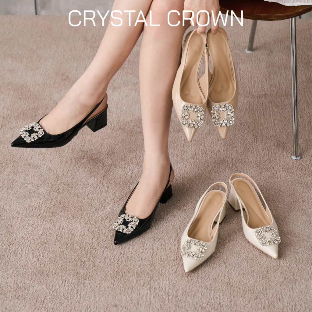 CCS - รองเท้าส้นหนา รุ่น Crystal Crown สูง 6 ซม. วัสดุหนังแก้ว รัดส้น หน้าแหลม ประดับเพชร สวยงาม (1123-87)