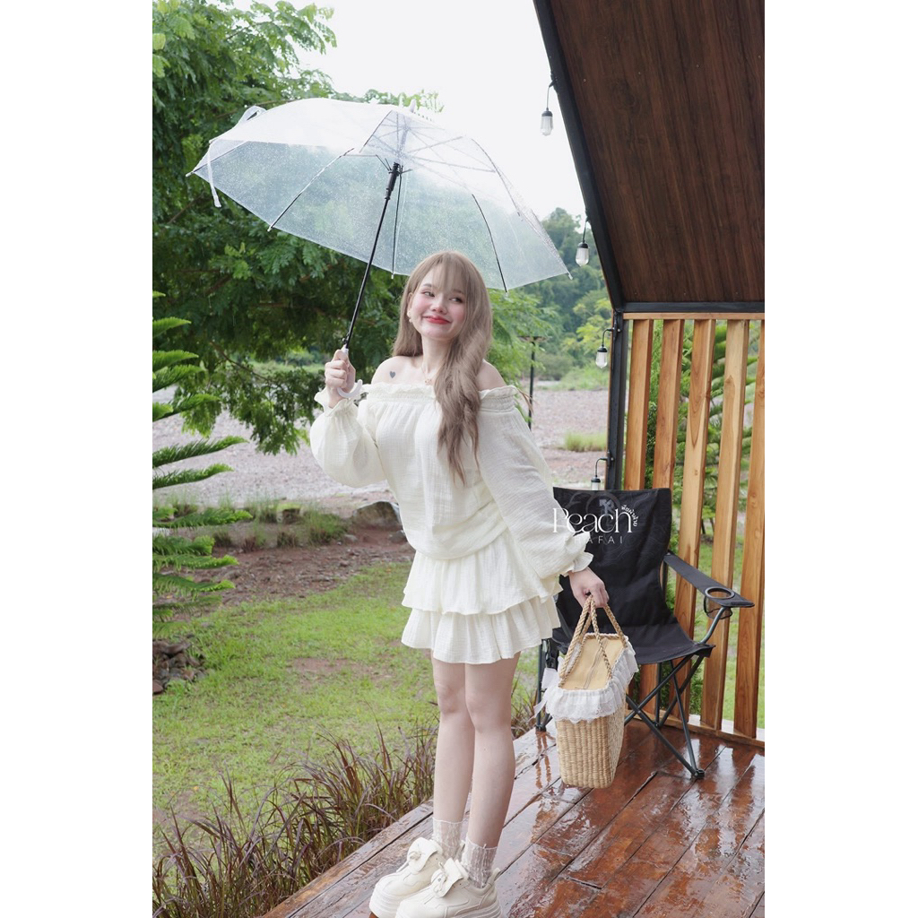 เดรสปาดไหล่ Muslin Dress เนื้อผ้า2ชั้น