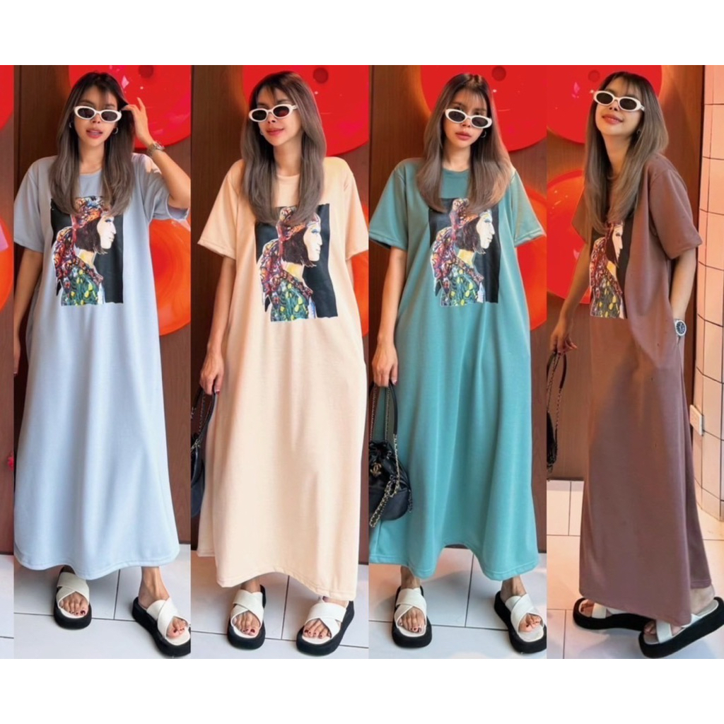 เดรสคอกลมแขนสั้น ทรงปล่อยแบบ oversize สกรีนลายผู้หญิง เจาะกระเป๋าข้าง 2 ข้าง ผ่าข้าง