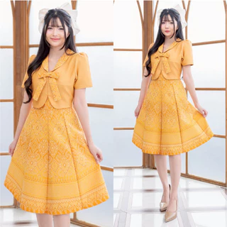 [พร้อมส่ง] ชุดเดรสผ้าทอลายไทย กั๊กสีพื้น คอปก แต่โบว์ อัดกาวทั้งชุด