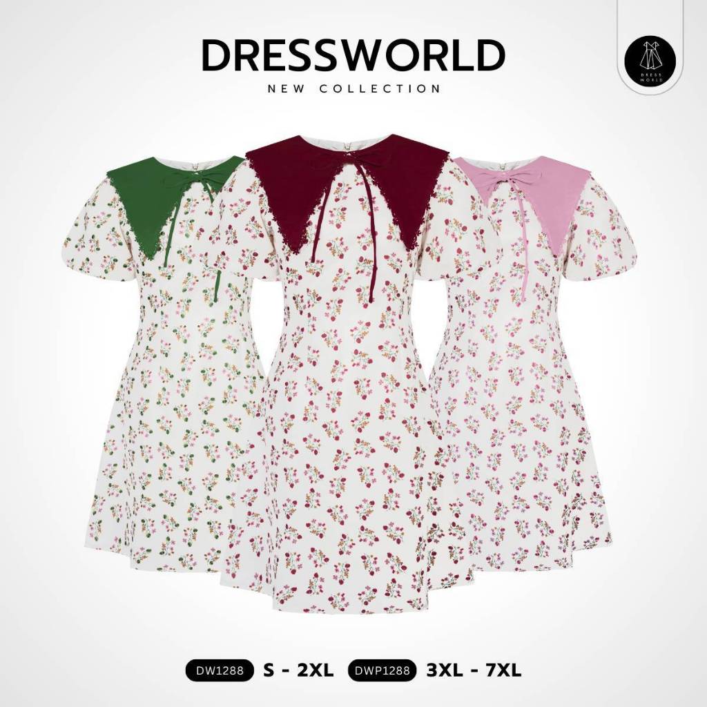 {S-7XL} 1288 งานป้าย Dress World เดรสสั้นทรงบาน คอปก แขนบอลลูน ลายดอก มีเชือกผูกโบว์อก เดรสทำงาน