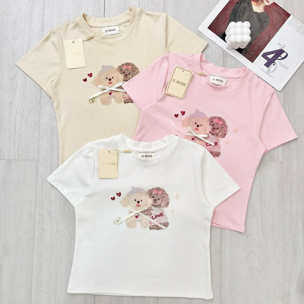 G-rose เสื้อยืดสกรีนลาย แต่งผูกโบว์ 3D