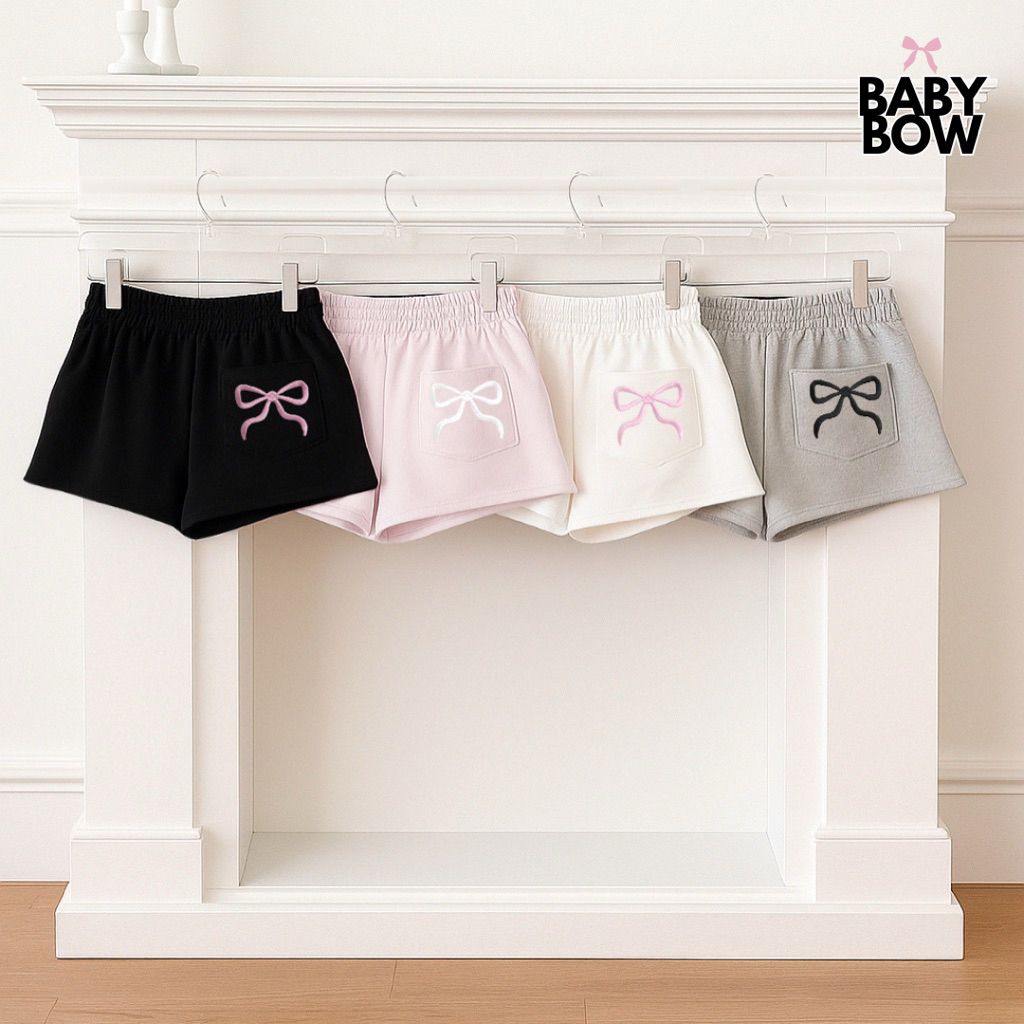 BABY BOW PANTS    ตระกร้าใหญ่ – กางเกงขาสั้น-ยาว ผู้หญิง กระเป๋าหลังปักโบว์ใหญ่ ผ้าเนื้อหนานุ่มมากๆ