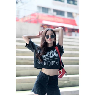 🌟STF_SHOP🌟เสื้อครอป ฟอกวินเทจ กันขอบล่าง ยาว19/20 อก44(Cotton no.32) สกรีนหน้า ลายน่ารักๆ