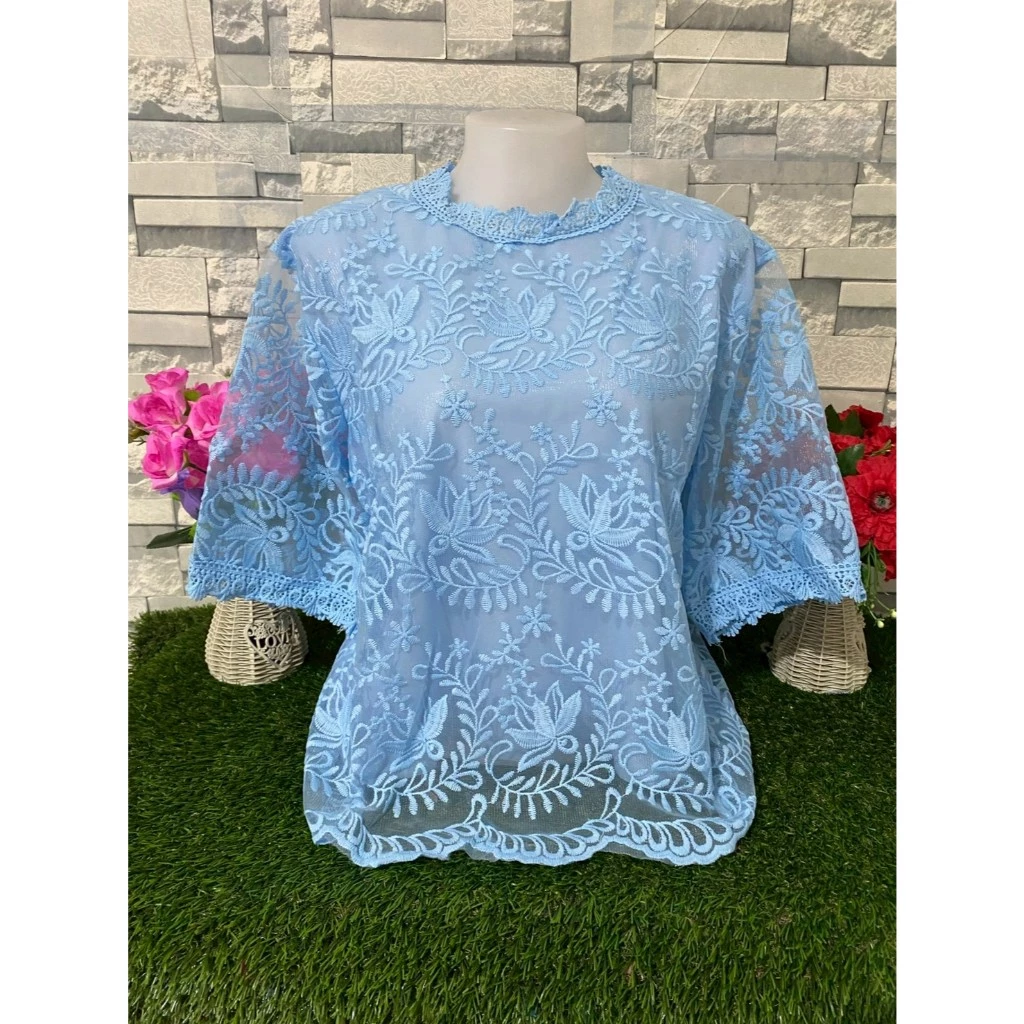 เสื้อลูกไม้ อก44-46 เสื้อสีดำ เสื้อลายดอก แขนสามส่วน สาวอวบ รุ่น4677-5