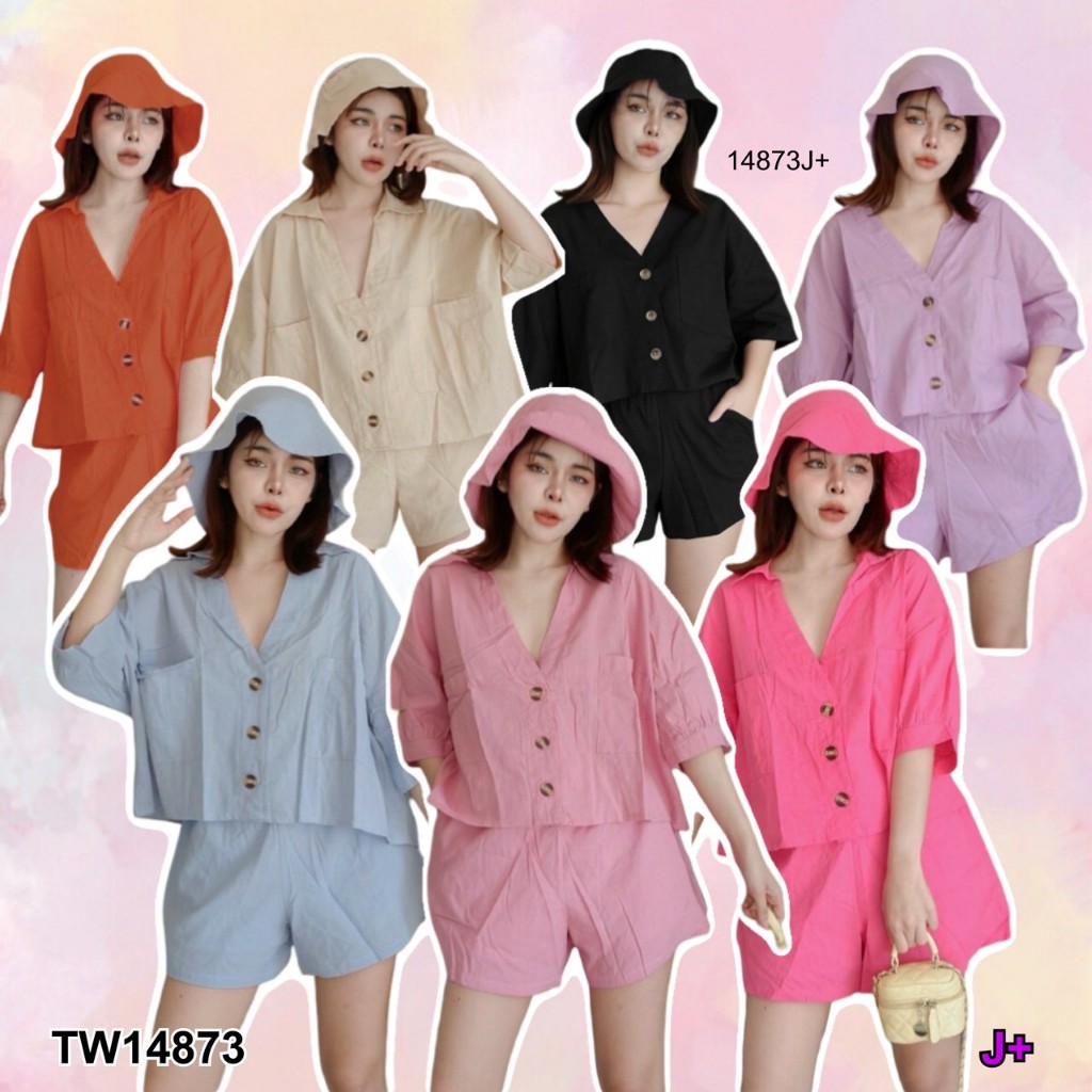 CS14873 Set 3 ชิ้น เสื้อคอปกช่วงคอเสื้อทรงคอวี แขนสั้นกระดุมหน้า