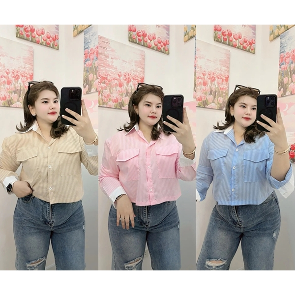 F80 เสื้อเชิ้ตลายทางเป๋าคู่ อก 44 48 52