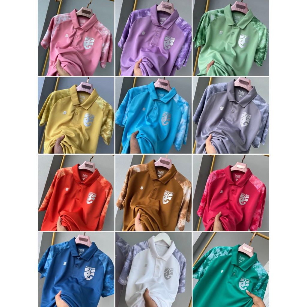 เสื้อโปโลEGOรุ่นTT001พิมลายผ้ามัดย้อม พร้อมเฟกทีมชาติสีเงิน
