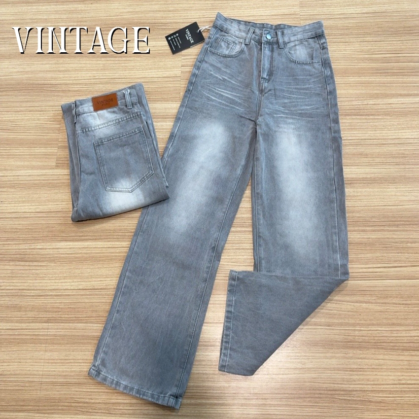 Vintage รุ่น 7221 กางเกงยีนส์ ทรงกระบอก เทานัว แต่งเฟดขา ทรงสวยผ้าไม่ยืด