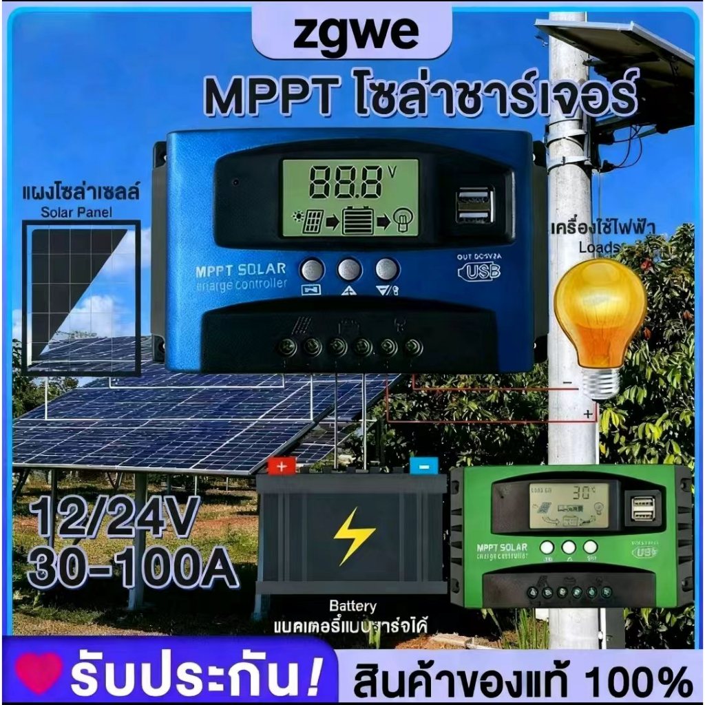 mppt ชาร์จเจอร์ 12v24v solar charger controlle 60A/100A ชาร์จเจอร์โซล่าเซลล์ ชาร์จเจอร์ มีจอแสดงผล