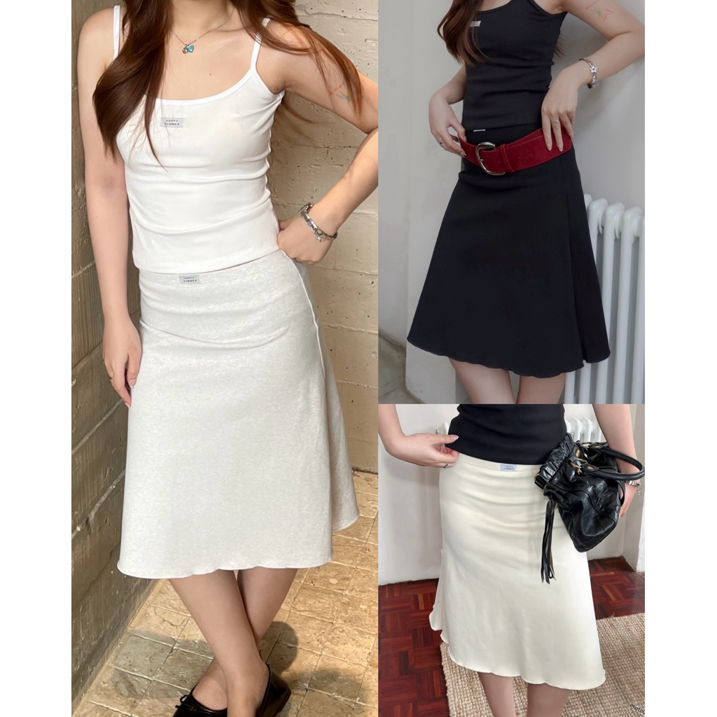 (ดำมาแล้ววว 🖤🖤)HAPSKT04 midi skirt กระโปรงสามส่วนทรงก้างปลา (happysummer.bkk)