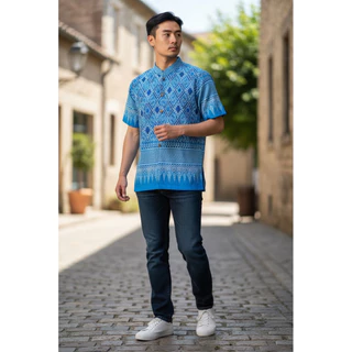 เสื้อผ้าฝ้ายพิมพ์ลายชาย-สีฟ้า-รหัส 22
