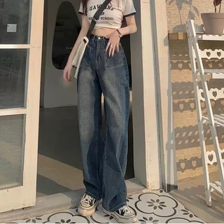💥YH#8266💥มีไซส์ S-5XL💥กางเกงยีนส์ขายาว เอวสม็อคหลัง ทรงขากระบอกกลาง ดีไซน์กระเป๋าสวย สไตล์แฟชั่นเกาหลี