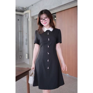 "Romi"Oil" Bunny Button Dress (Black) K297 ชุดเดรสสีดำ(คอปกขาวแต่งกระดุมกระต่าย)(ไม่แนะนำให้แช่ผ้านะจ้า)