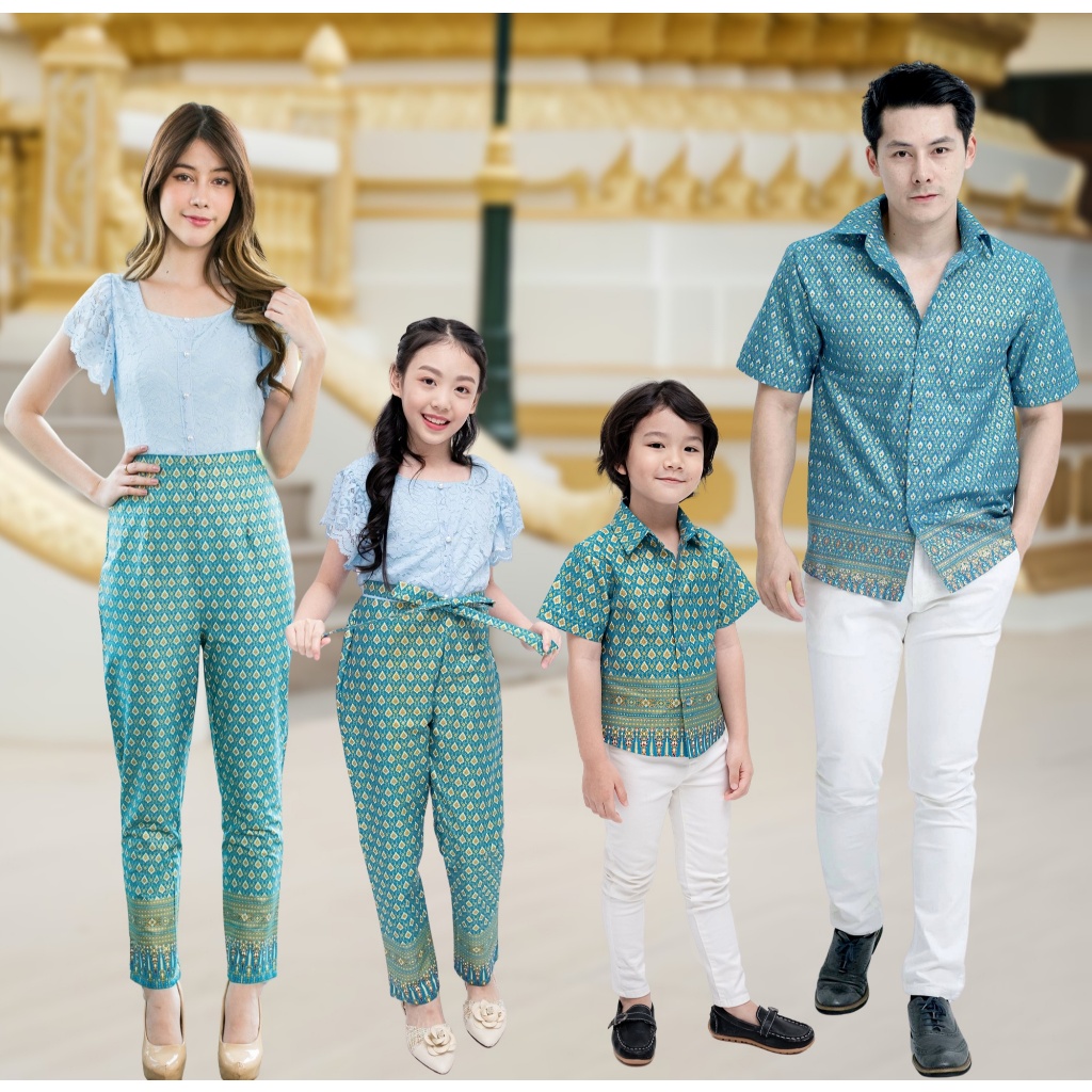 ชุดไทย ประยุกต์ Dao Rueng Jumpsuit  เข้าวัดทำบุญ จัมพ์สูท แม่ลูก ชุดครอบครัว ลายไทย ลูกไม้แขนระบาย