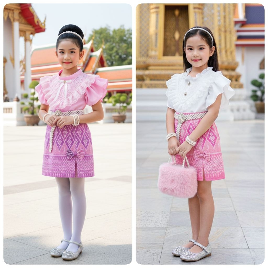 ชุดเช็ตเด็กผู้หญิงเสื้อ+ผ้าถุงสั้นลายไทย