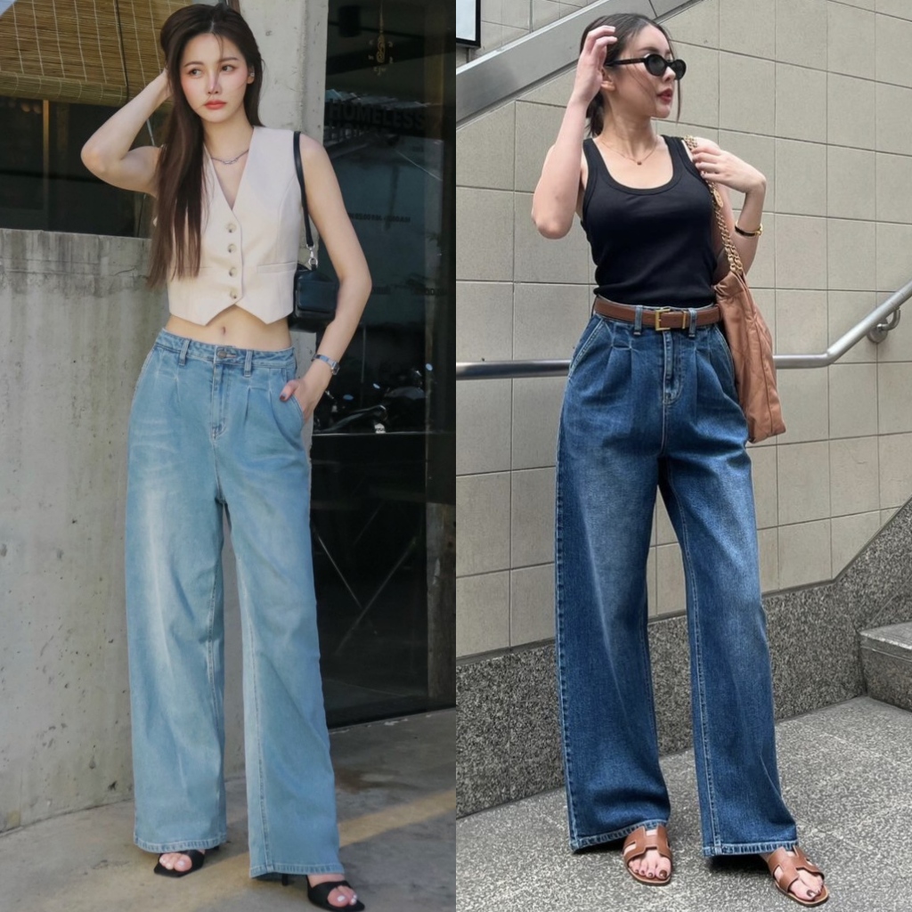 KZ02 • กางเกงยีนส์กระบอกใหญ่~ดีเทลจีบหน้า