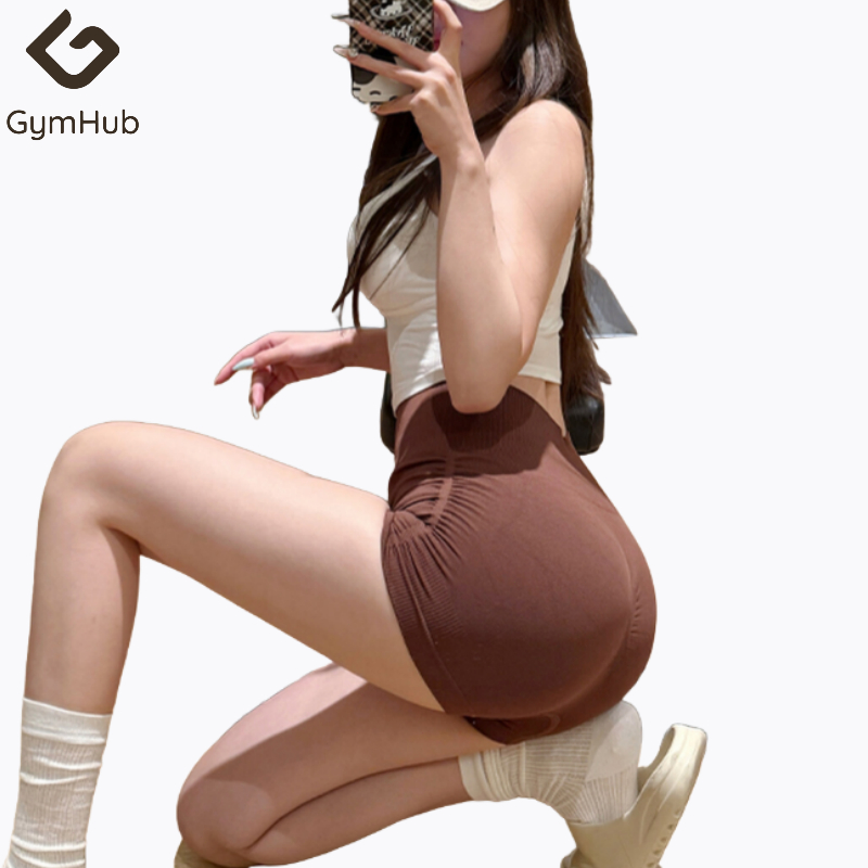 GymHub กางเกงขาสั้นออกกำลังกายเอวสูงสไตล์ฝรั่ง กระชับก้นลูกพีช ตัดเย็บเพิ่มความขายาว ใส่เล่นโยคะหรือฟิตเนส