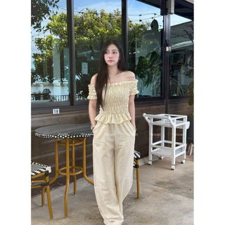 🌻Worari🌻ชุดเซตปาดไหล่สม็อค+กางเกงขายาวลายริ้ว