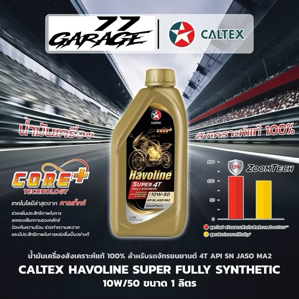 น้ำมันเครื่องสังเคราะห์แท้ รถจักรยนยานต์ CALTEX Havoline Super 4T Fully Synthetic 10W-50 API SN JASO