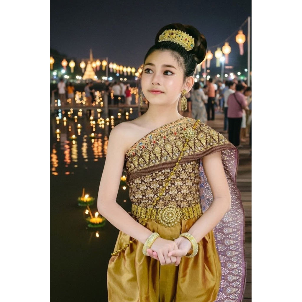 EB ชุดไทยสไบ โจงกระเบนผ้าไหมเทียมเอวยืดด้านหลัง   สไบผ้าลายไทยสม็อคหลัง ด้านหลังสไบมีเชือกผูกกันสไบหลุด แถมสังวาลย์