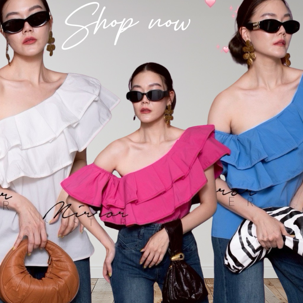 Mirrorsister 50523.3 เสื้อปาดไหล่สีพื้น แต่งระบาย2ชั้น