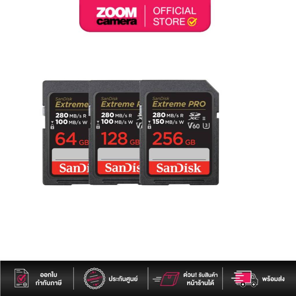 SanDisk Extreme PRO 64GB /128GB /256GB SDXC U3 V60 UHS-II R280/W100 Memory Card (ประกันศูนย์)