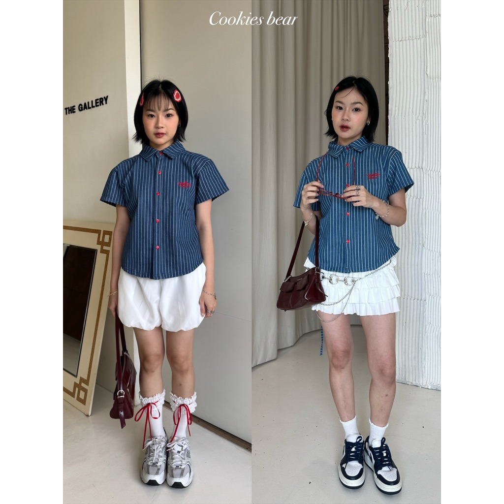 💛🌻 ตะกร้าเหลือง 💐💛 - Cookies Bear 🚙 รวมงานเสื้อเชิ้ตยีนส์แขนสั้น มีสายปรับเข้าเอวด้านหลัง 🫐