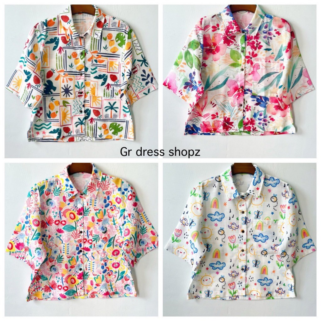 ป้าย June เสื้อผ้าฝ้ายพิมพ์ลายแต่งกระเป๋า อก 41 นิ้ว ยาว 20.5 นิ้ว