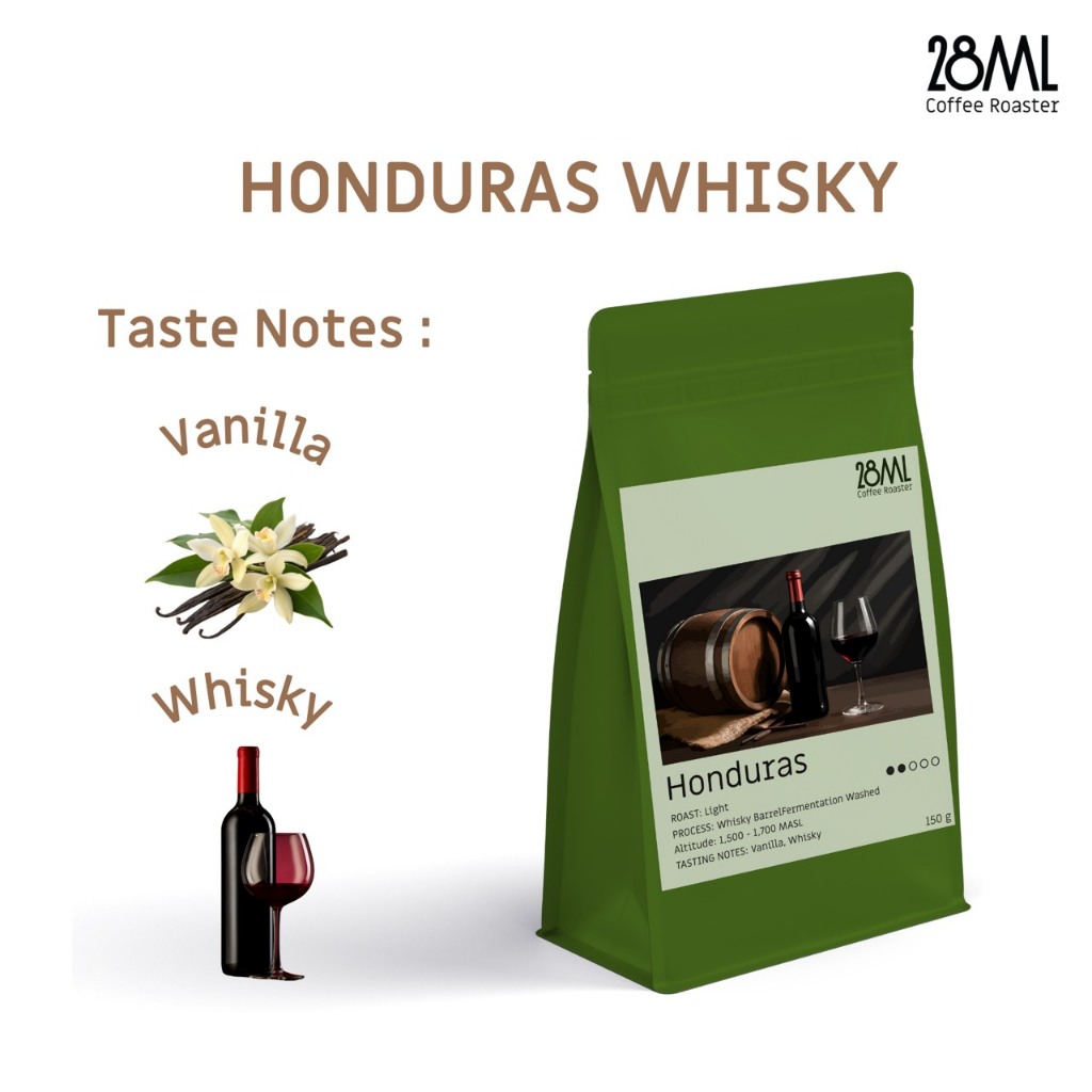 28ml เมล็ดกาแฟ คั่วอ่อน ฮอนดูรัส Honduras Whisky | Specialty coffee กลิ่นวานิลลา วิสกี้ หอมละมุน 150