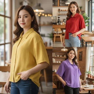 ใหม่.เสื้อเชิ้ตคอปกกระดุ่มผ่าหลัง Over Size หน้าผ้าอก 52 นิ้ว.เป็นผ้าโพลีเอสเตอร์ลายยีน