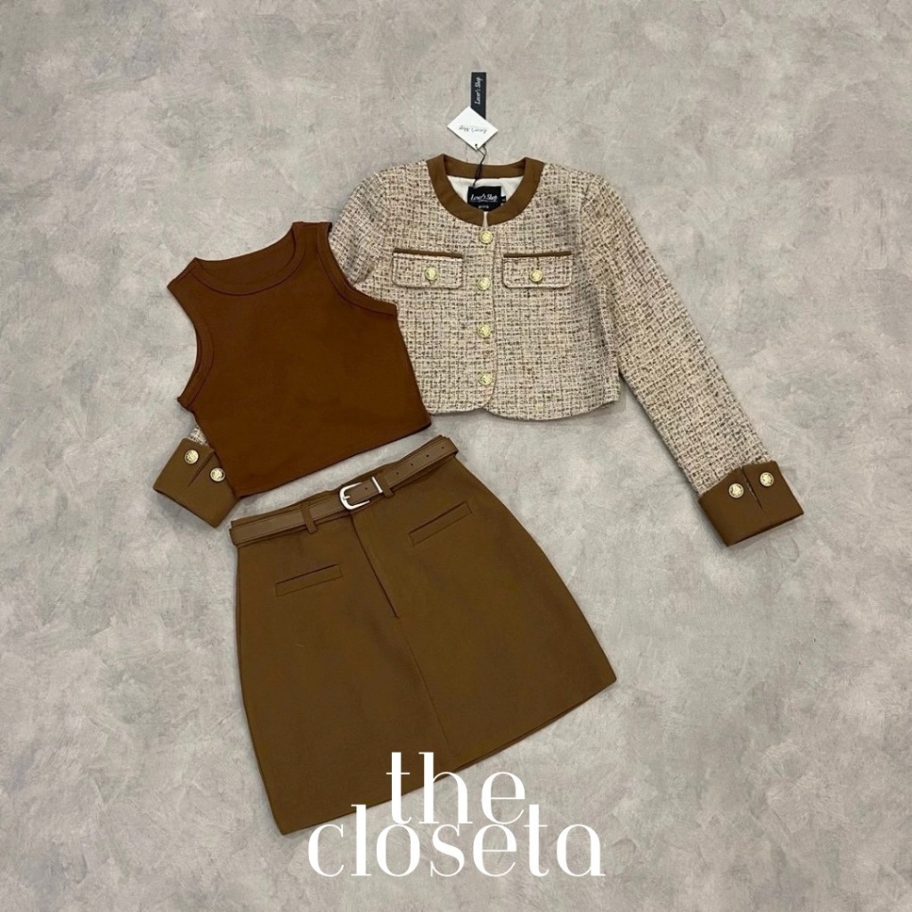 THE CLOSETA : (พร้อมส่ง) LV213 ชุดเซ็ท4ชิ้นเสื้อกล้าม+เสื้อคลุมผ้าทวิต+กระโปรงสั้น+เข็มขัด