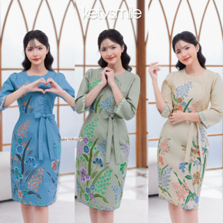 ชุดเดรสผ้าปาเต๊ะอินโดพิมลาย แต่งระบาย แขนศอก แต่งโบว์ที่เอว …