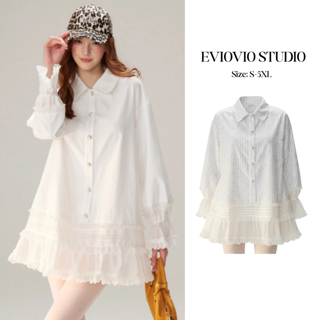 พร้อมส่งในไทย❤️【S-5XL】✨ เดรสเชิ้ตทรงหลวมสไตล์เกาหลี แต่งระบายลูกไม้ ใส่เป็นชุดเดรส เสื้อโอเวอร์ไซซ์ พลัสไซซ์ ☺️✨🎁