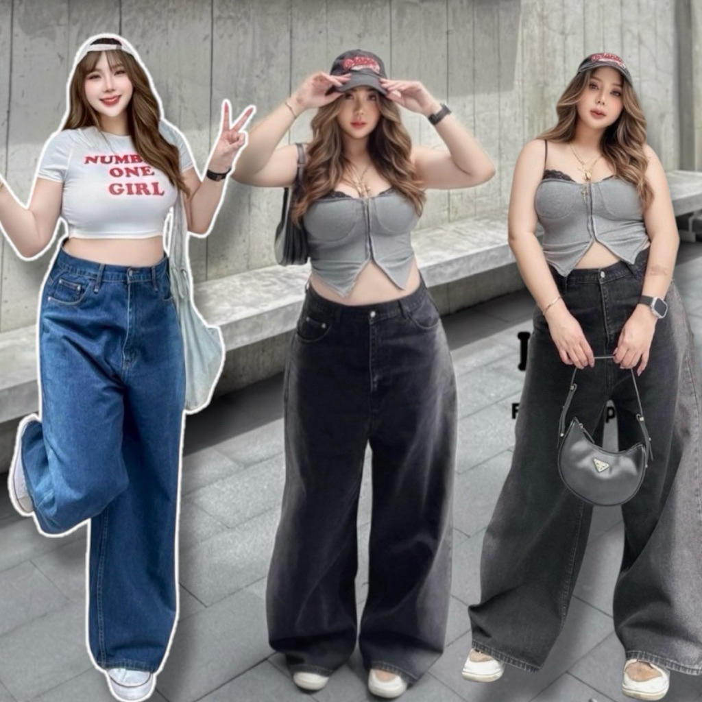 กางเกง Baggy jeans งานแต่งสีเฟดด้านข้าง บิ๊กไซต์ สาวอวบ สะโพกใหญ่
